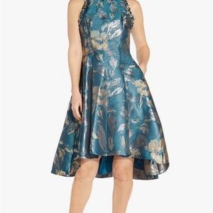Adrianna Papell High Low Dress in Teal and Gold